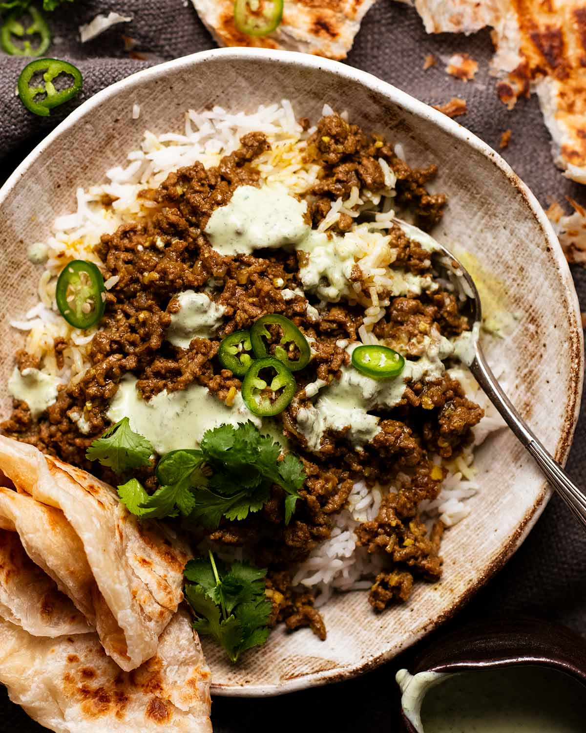 Bowl of Qeema - Indian Curried Beef Mince over basmati rice