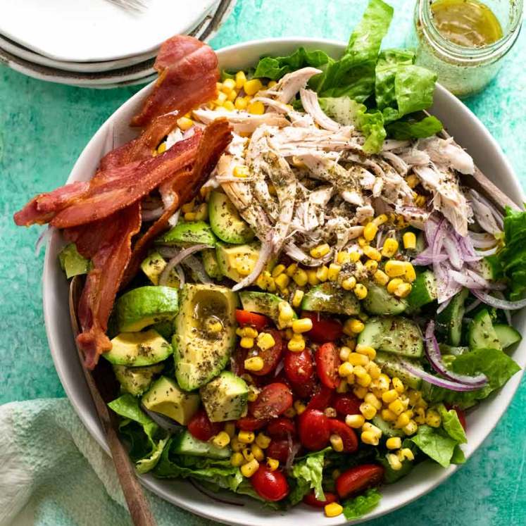 Overhead photo of Chicken salad with herb and garlic dressing ready to be served