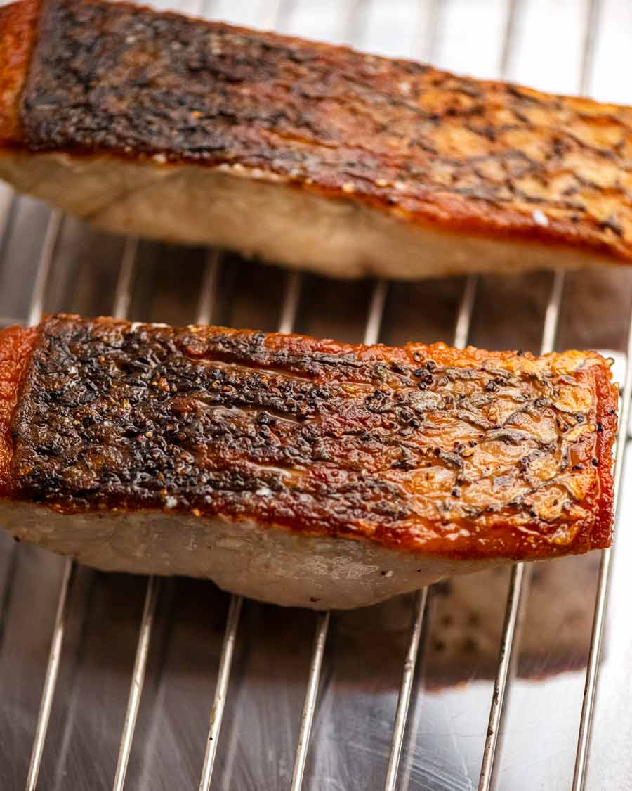 Resting Crispy Skin Barramundi before serving