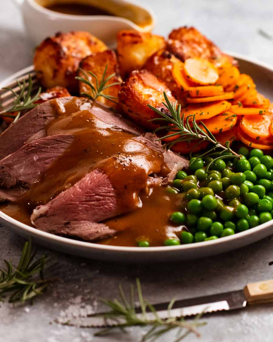 Roast lamb leg dinner plate