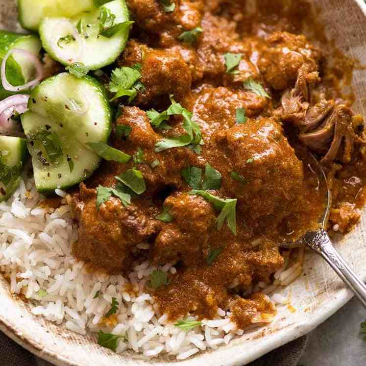 Rogan Josh with steamed Basmati Rice and cucumber salad