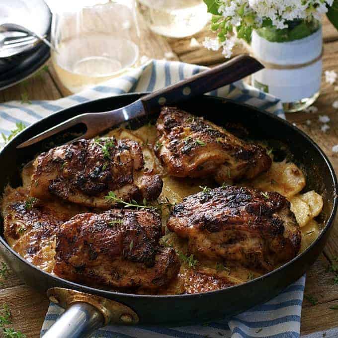 A pan of Rotisserie Flavoured Chicken and Potato Bake