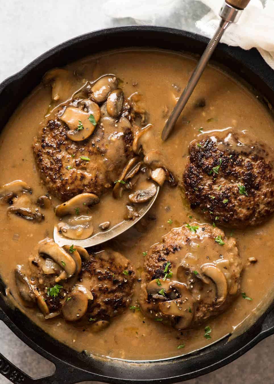 Salisbury Steak recipe in skillet.