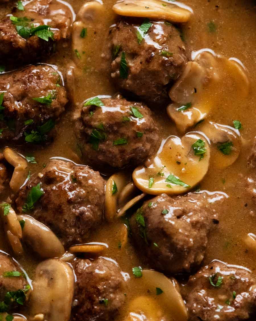 Close up of Salisbury steak meatballs