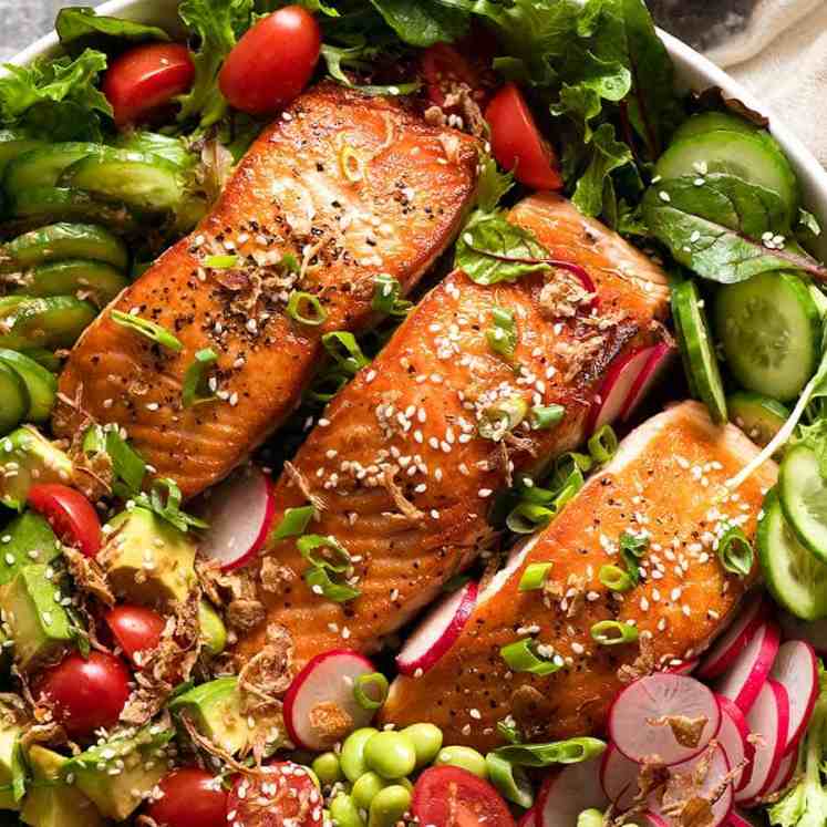 Overhead photo of Salmon Salad with Asian Ginger Sesame Dressing