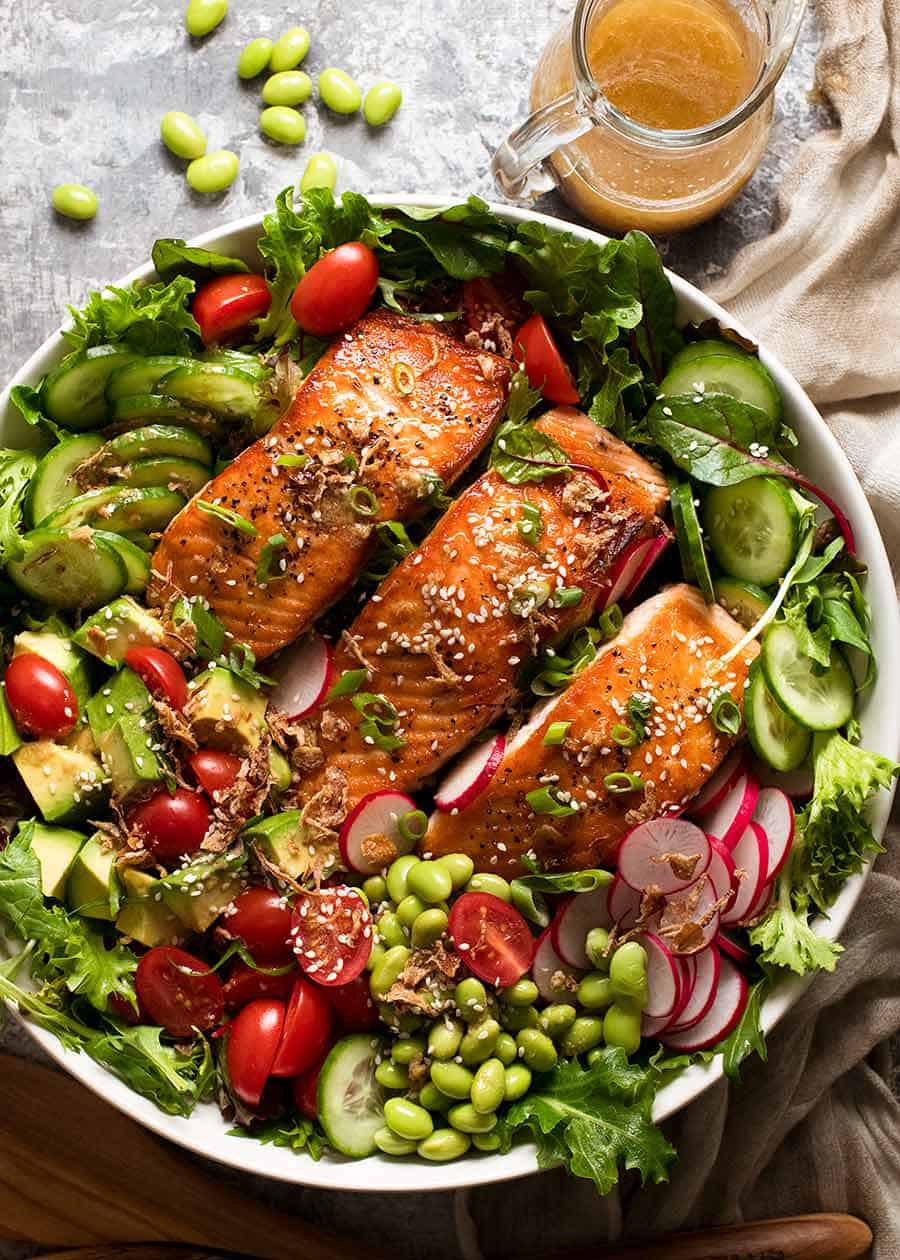 Overhead photo of Salmon Salad with Asian Ginger Sesame Dressing