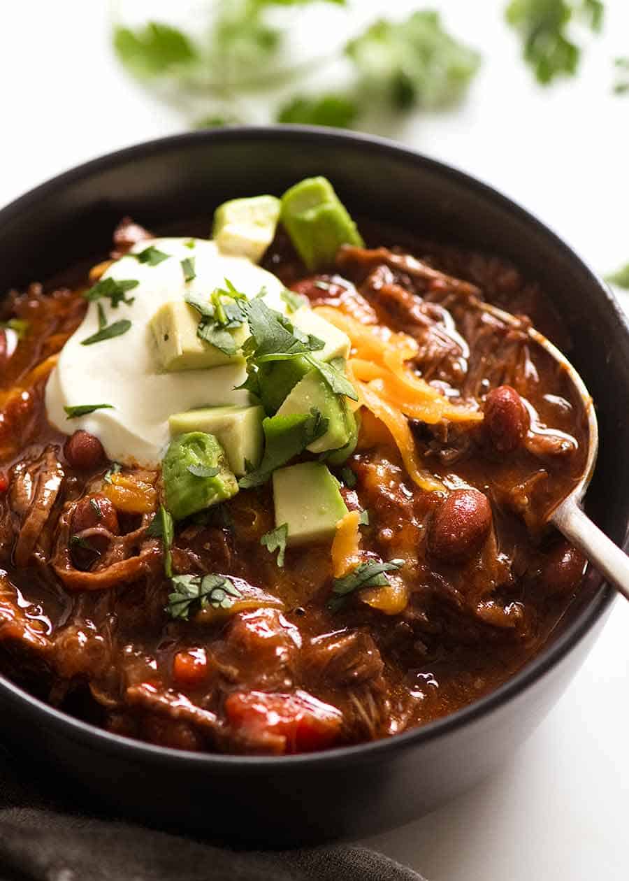 Close up photo of Pulled Beef Chilli Con Carne (Chili) in a bowl, ready to be eaten