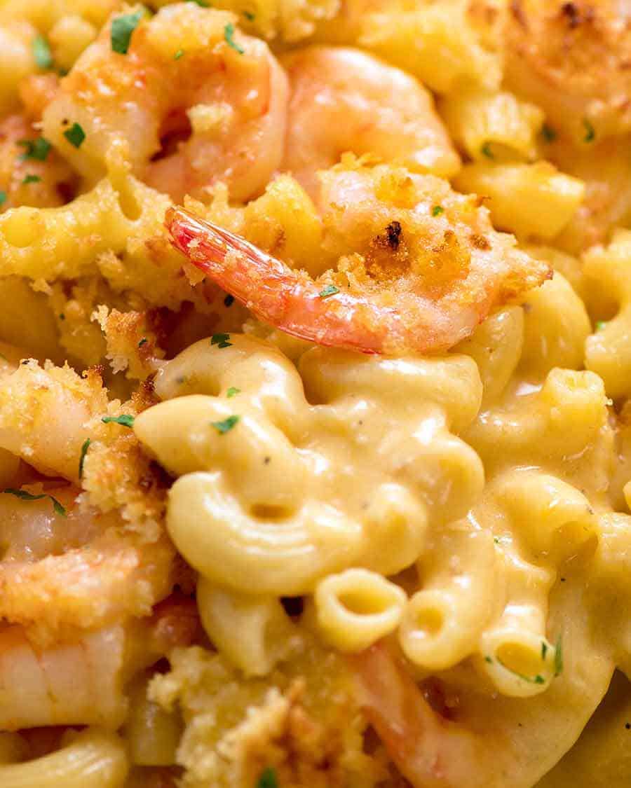 Close up of Garlic Shrimp Mac and Cheese