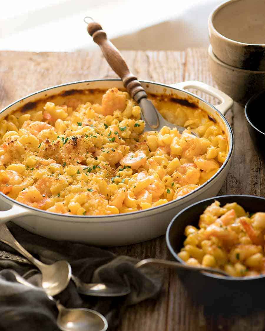 Garlic Shrimp Mac and Cheese being served