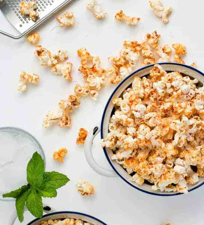 Overhead shot of Spicy Parmesan Party Popcorn in a bowl