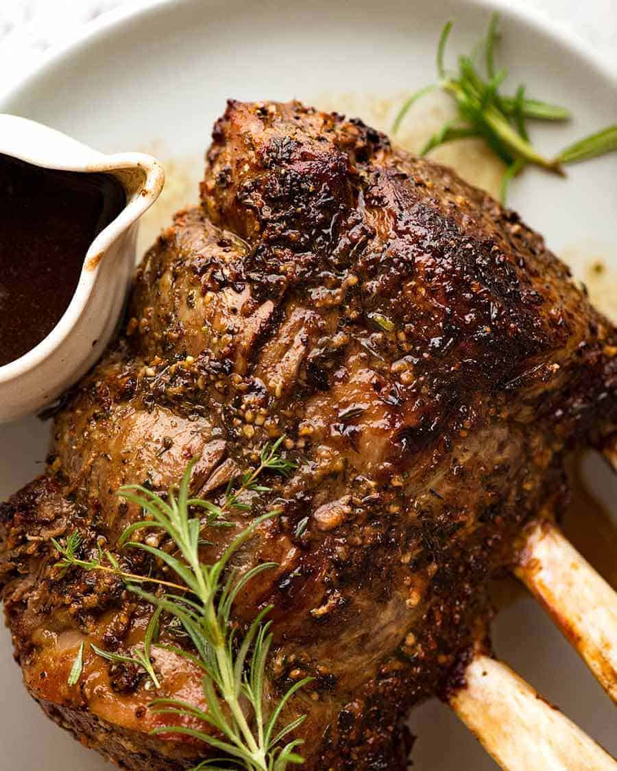 Overhead phot of Beef Standing Rib Roast (Prime Rib), ready to be carved