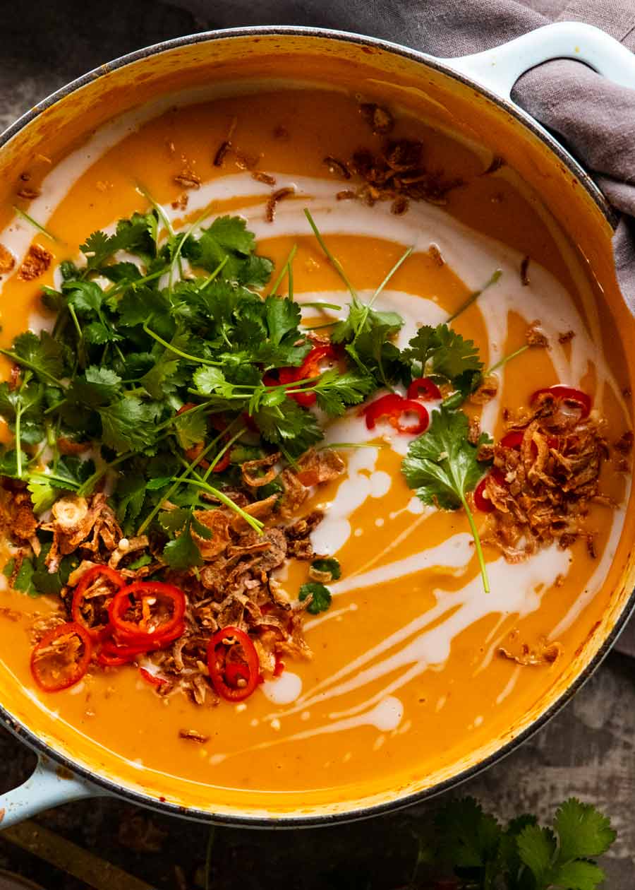 Overhead photo of a pot of Thai Coconut Pumpkin Soup