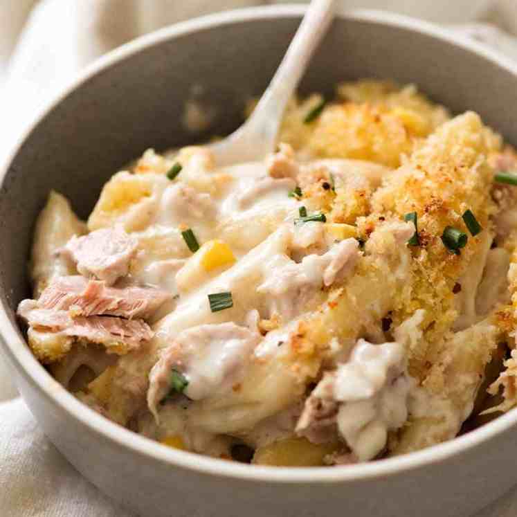 Tuna Casserole in a rustic blue bowl, ready to be eaten