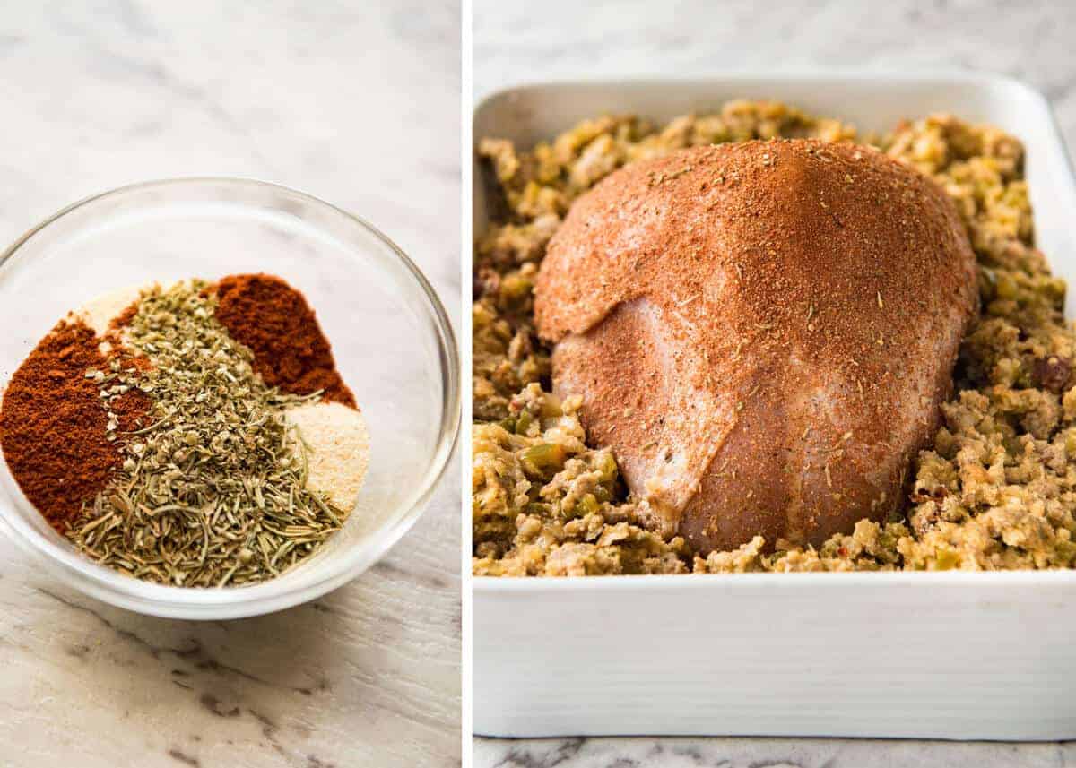 This Cajun dry brined turkey breast is baked in the same roasting pan as the Dressing / Stuffing so it's extra juicy and moist! A chef recipe, this Cajun Baked Turkey Breast with Dressing is easy and spectacular. EPIC ONE PAN COOKING for a Thanksgiving turkey! www.recipetineats.com