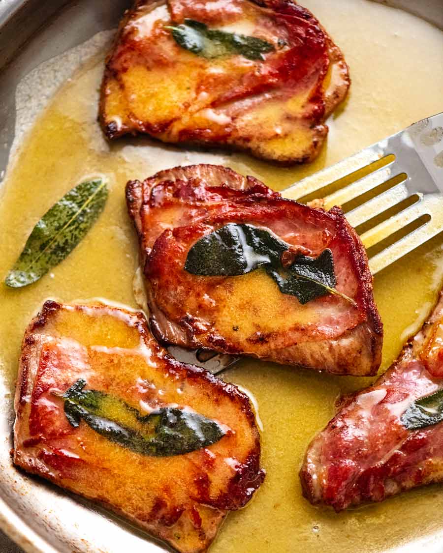 Freshly made Saltimbocca in a pan ready to be served