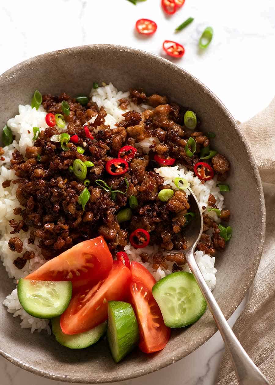 Vietnamese Caramelised Pork Bowls served over rice in a rustic bowl - ground pork recipe / pork mince recipe