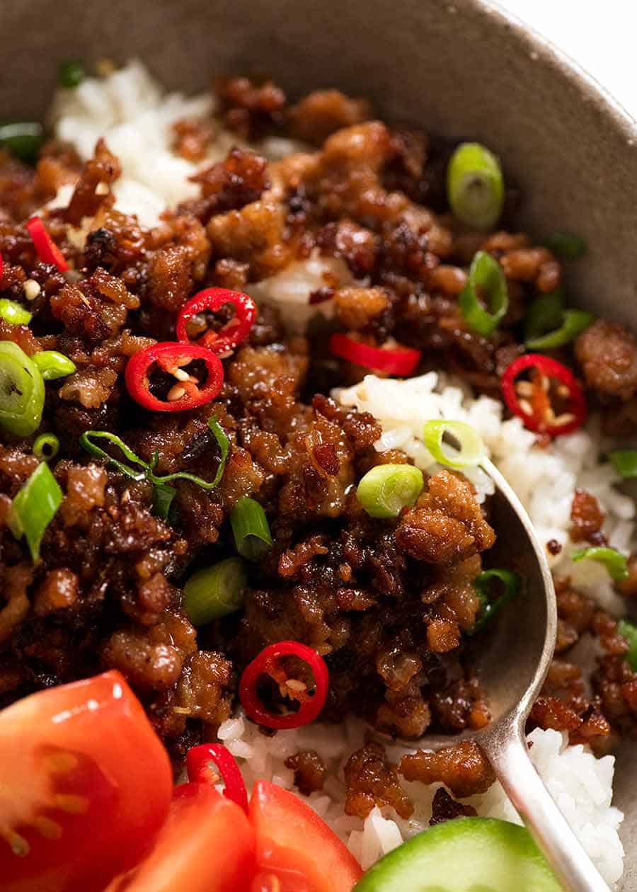 Close up of pork mince stir fry - Vietnamese Caramelised Pork Bowls